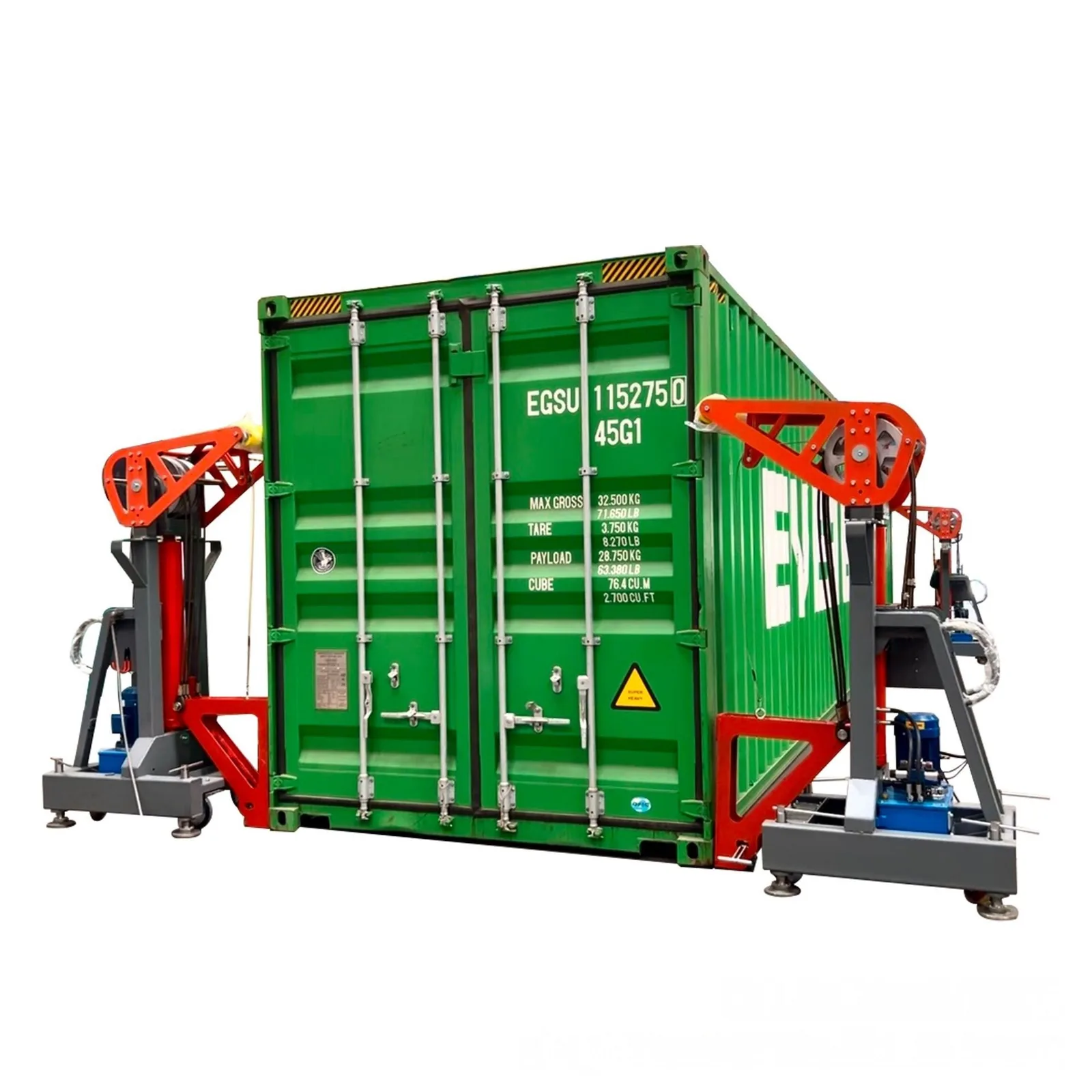 Four mobile container lifting units positioned around a freight container