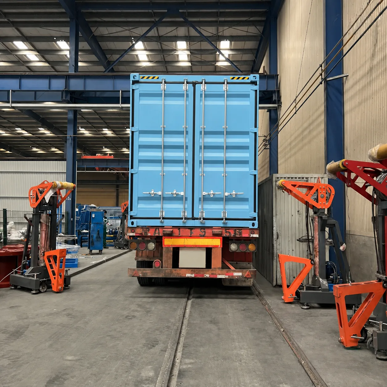 Mobile lifting units positioned around a container